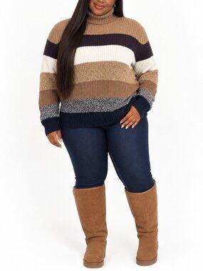 Liz Claiborne Striped Turtleneck Sweater XL 90s Retro Fall Winter Brown Stripes